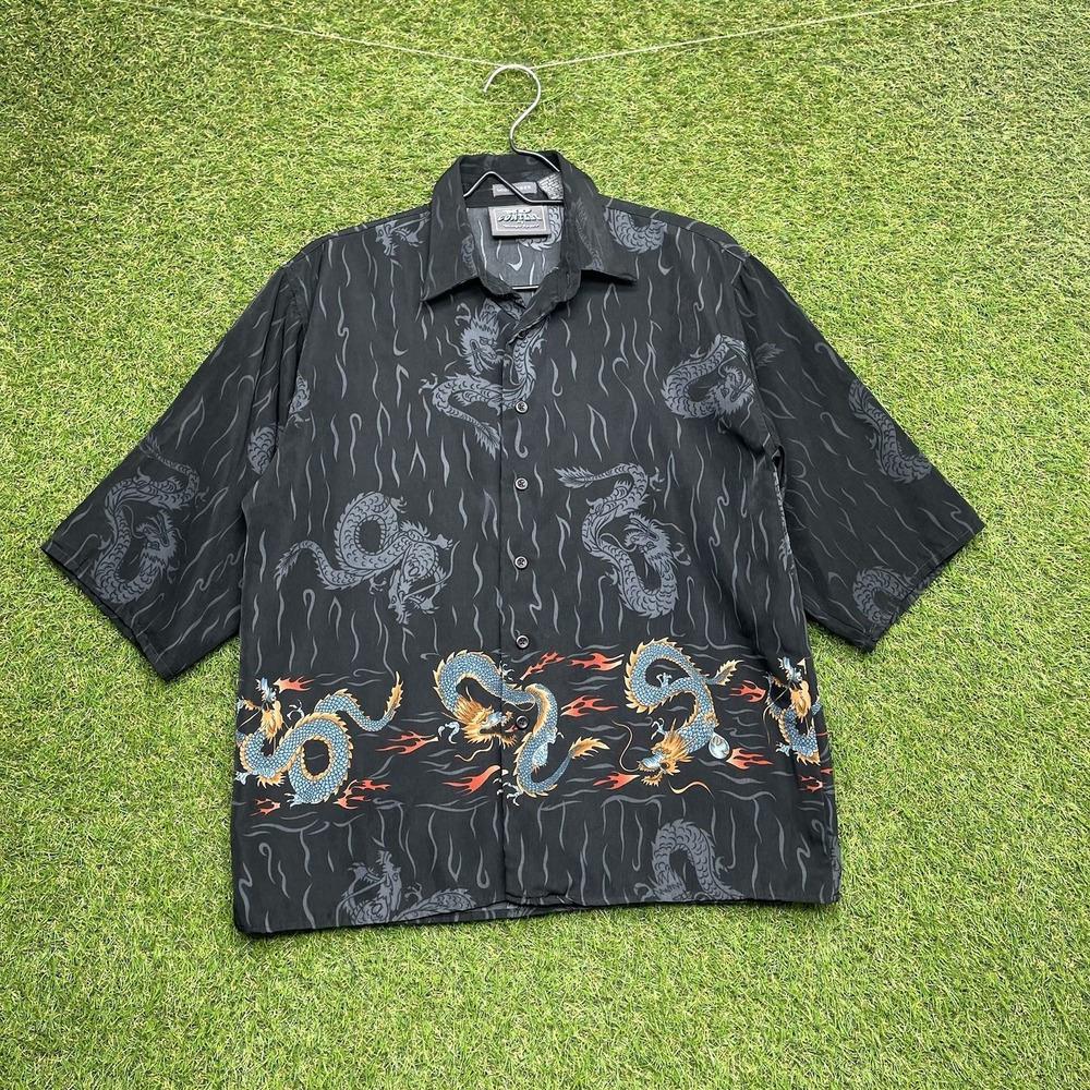 No Contest Y2K Shirt Mens Large Short Sleeve Chinese Dragon Print Button Grunge
